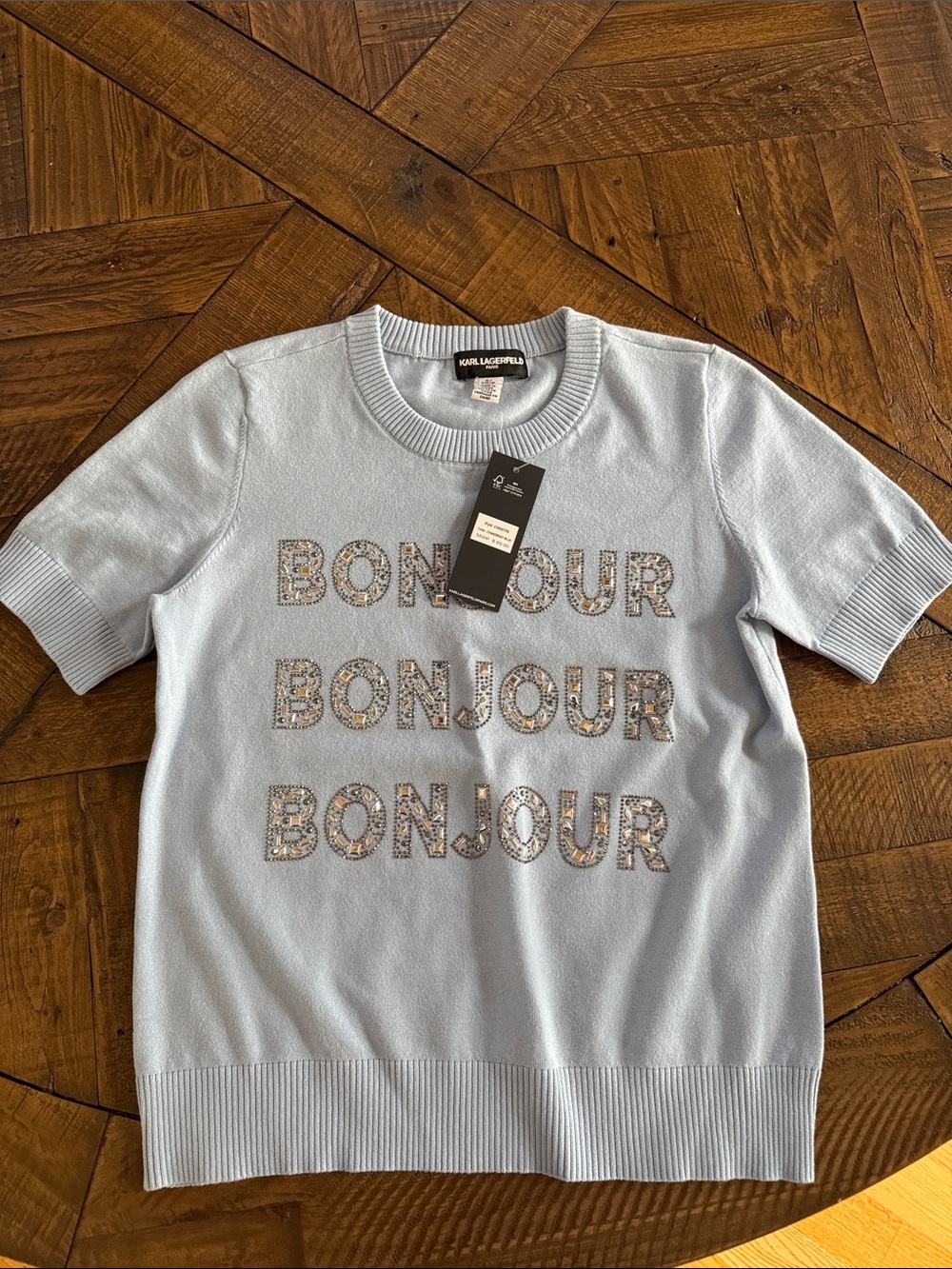 Karl Lagerfeld Women’s Smal Pale Blue 'Bonjour' Embellished Short Sleeve Sweater